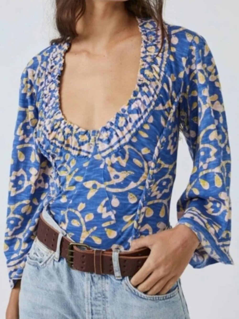 Free People | On The Block Cotton Batik Blouse Top Blue & Yellow | Size Small
